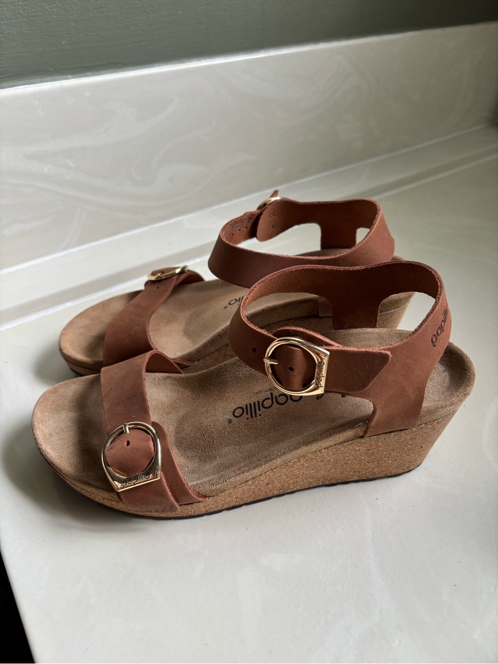 Birkenstock Papillio Women's Tan Wedge Sandals with Gold Buckles